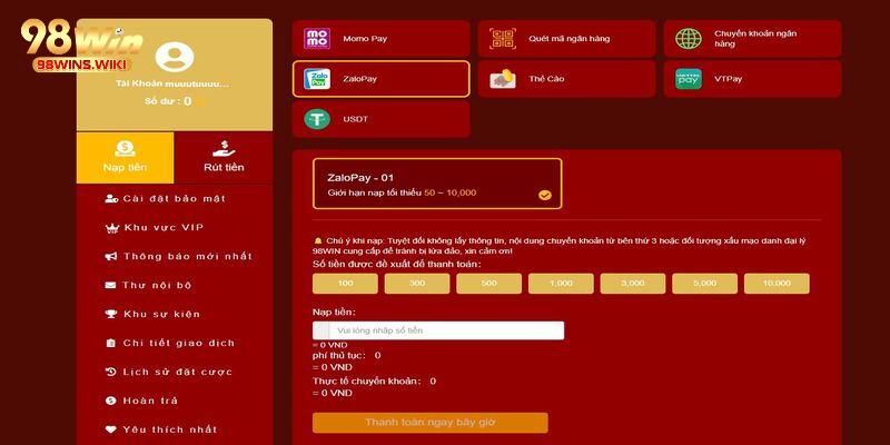 Hướng dẫn nạp tiền 98Win bằng cách dùng ví điện tử