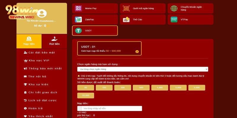 Hướng dẫn nạp tiền 98Win bằng tiền ảo USDT